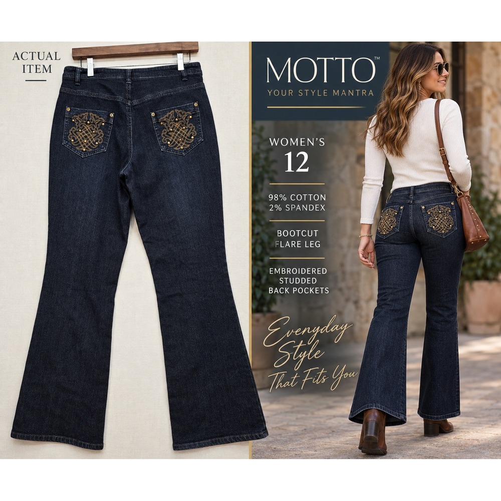 Motto Jeans Womens 12 Dark Wash Bootcut Denim Stretch Embroidered Pocket Comfort